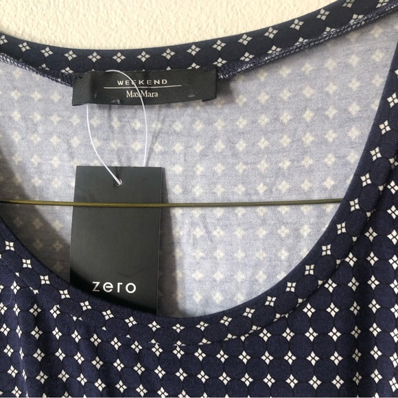 ❤️Weekend Max Mara Spagna Tie Front Patterned Short Sleeve Top Navy Size L - Picture 4 of 8
